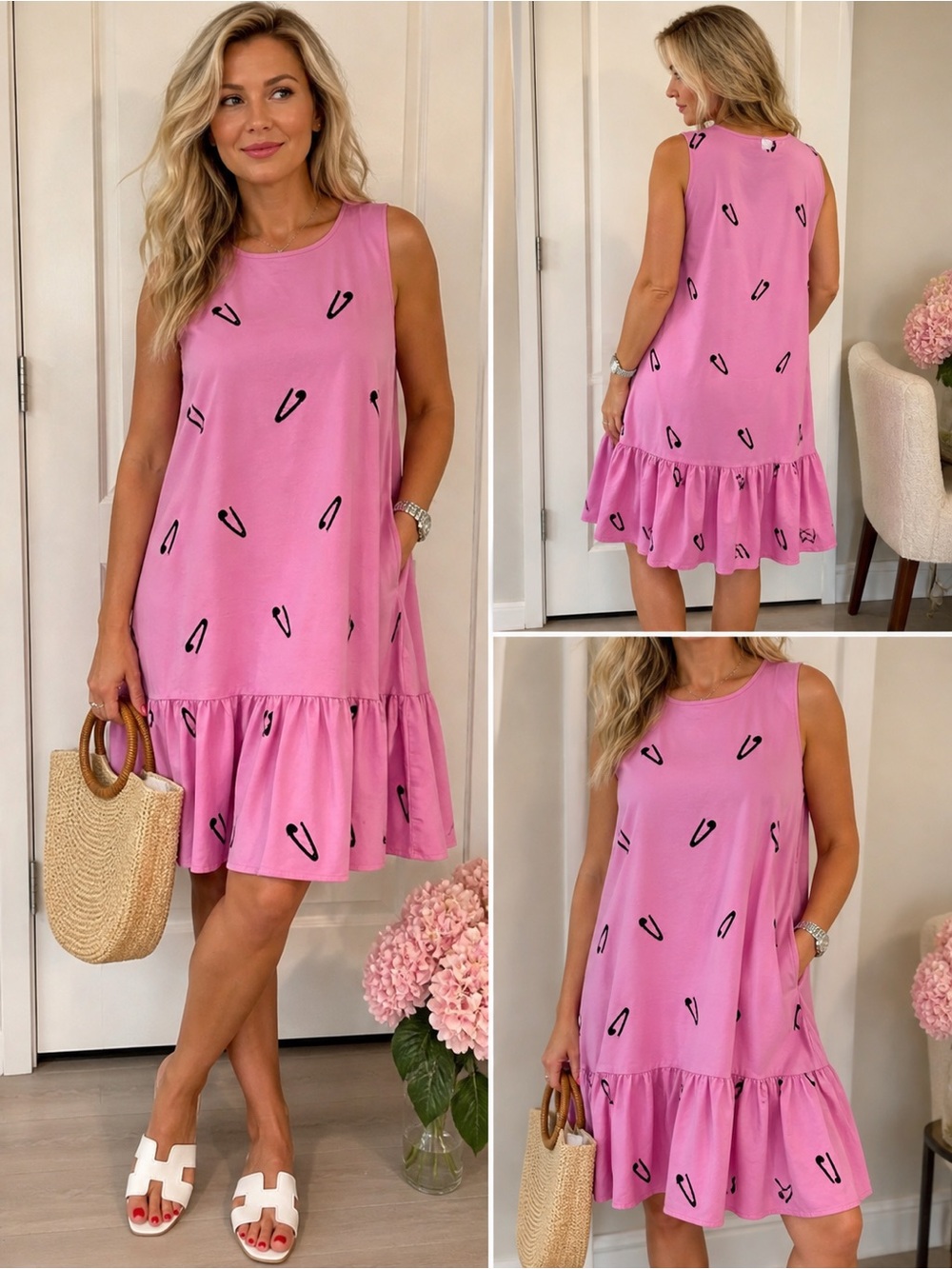 Sleeveless Pink Ruffle-Hem Shift Dress